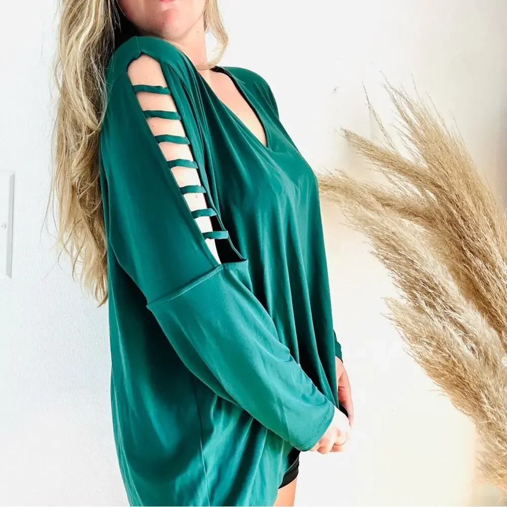 MICHAEL KORS Emerald Green Square Cutout Long Sleeve Tunic Blouse Top Shirt 3X